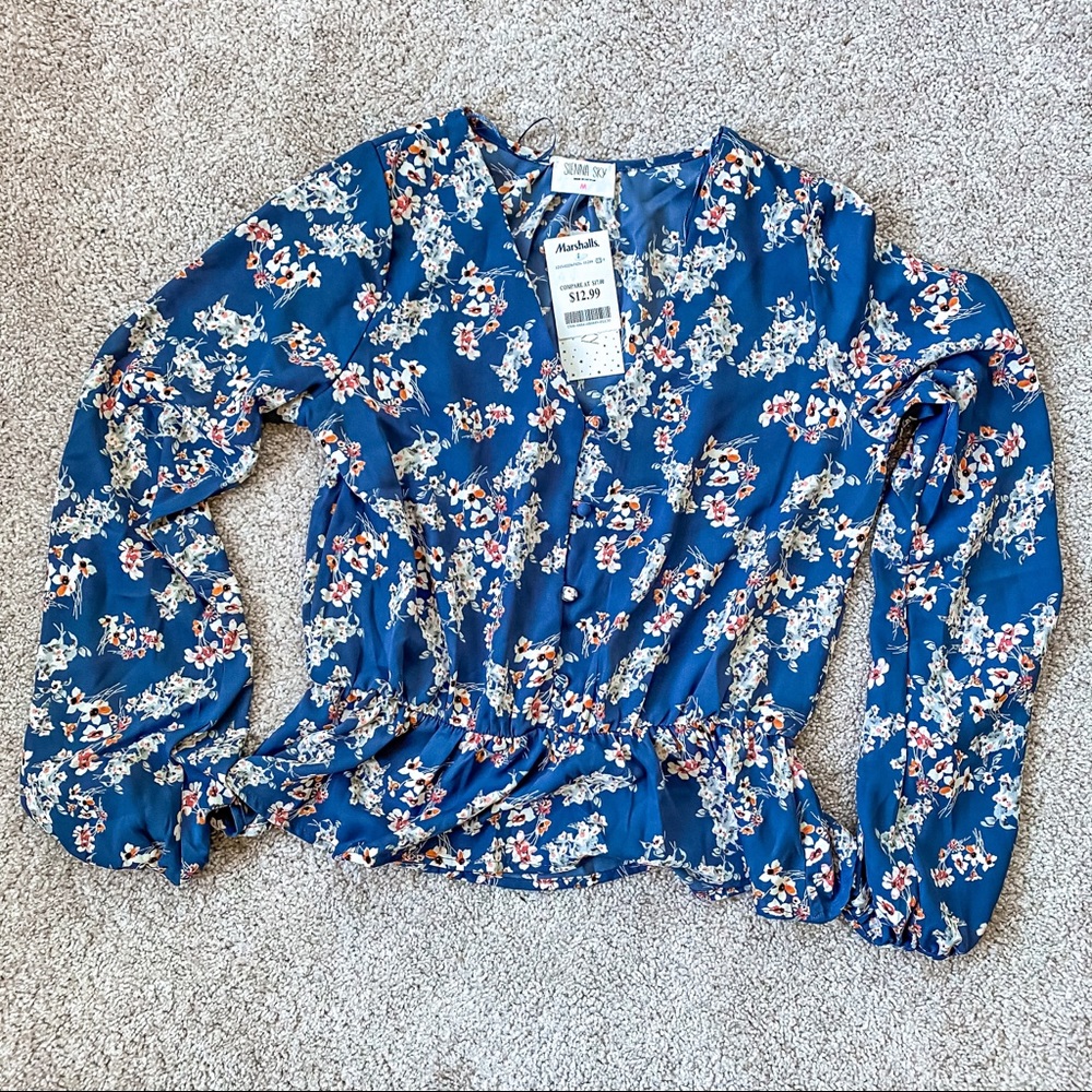 Sienna Sky Blue Floral Long Sleeve Blouse - M